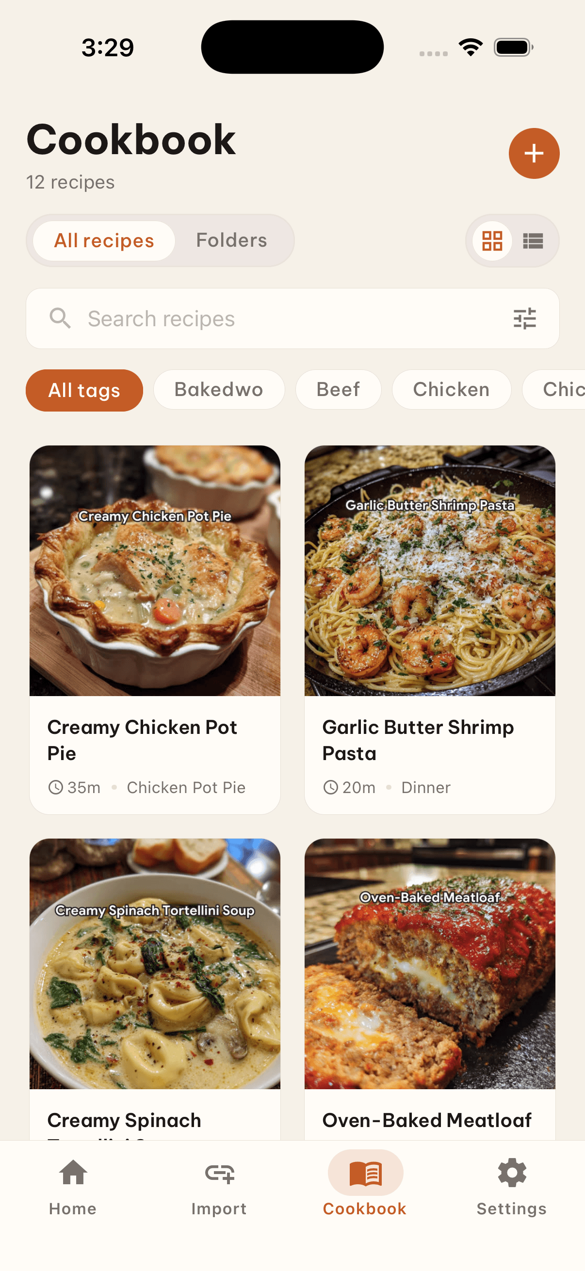 ChaoFanCard Cookbook screen showing saved recipe cards